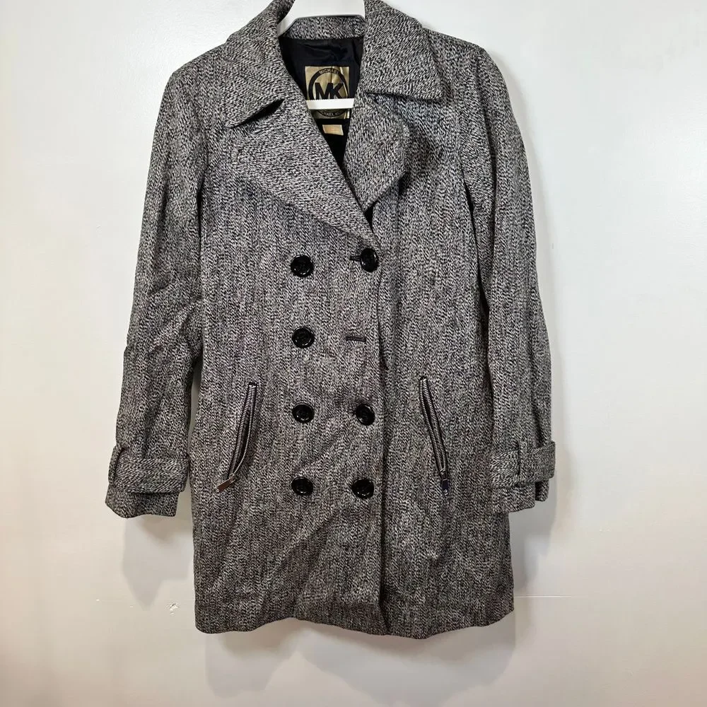 Michael Kors Herringbone Double-Breasted Peacoat Winter Coat Black White Classic